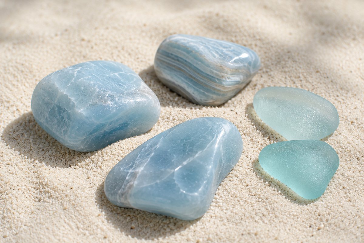 Tumbled blue calcite stones and frosted sea glass resting on fine white sand