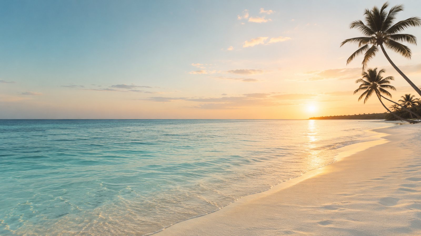 A quiet Caribbean shoreline at sunset