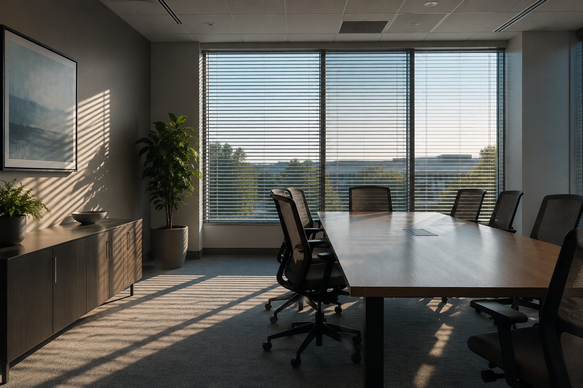 An empty modern meeting room in the late afternoon, blinds half drawn
